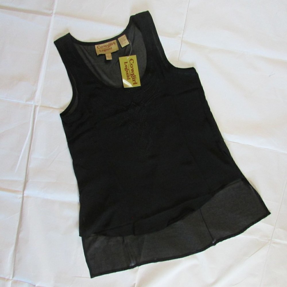 Cowgirl Legend Large Embellished Sheer Chiffon Tank Top - Black